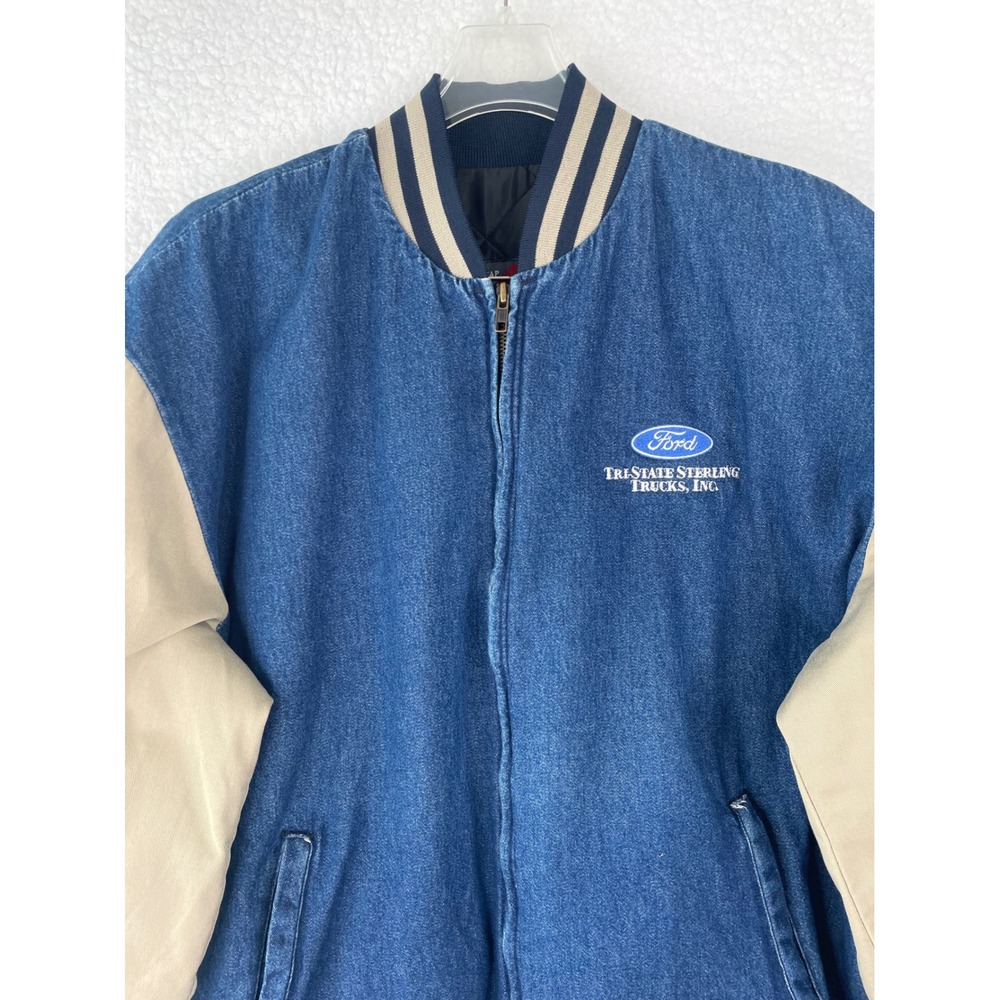 Red Kap Mens Denim Bomber Jacket Blue Tan Ford Trucks Logo Large L-RG 3KR7R220G